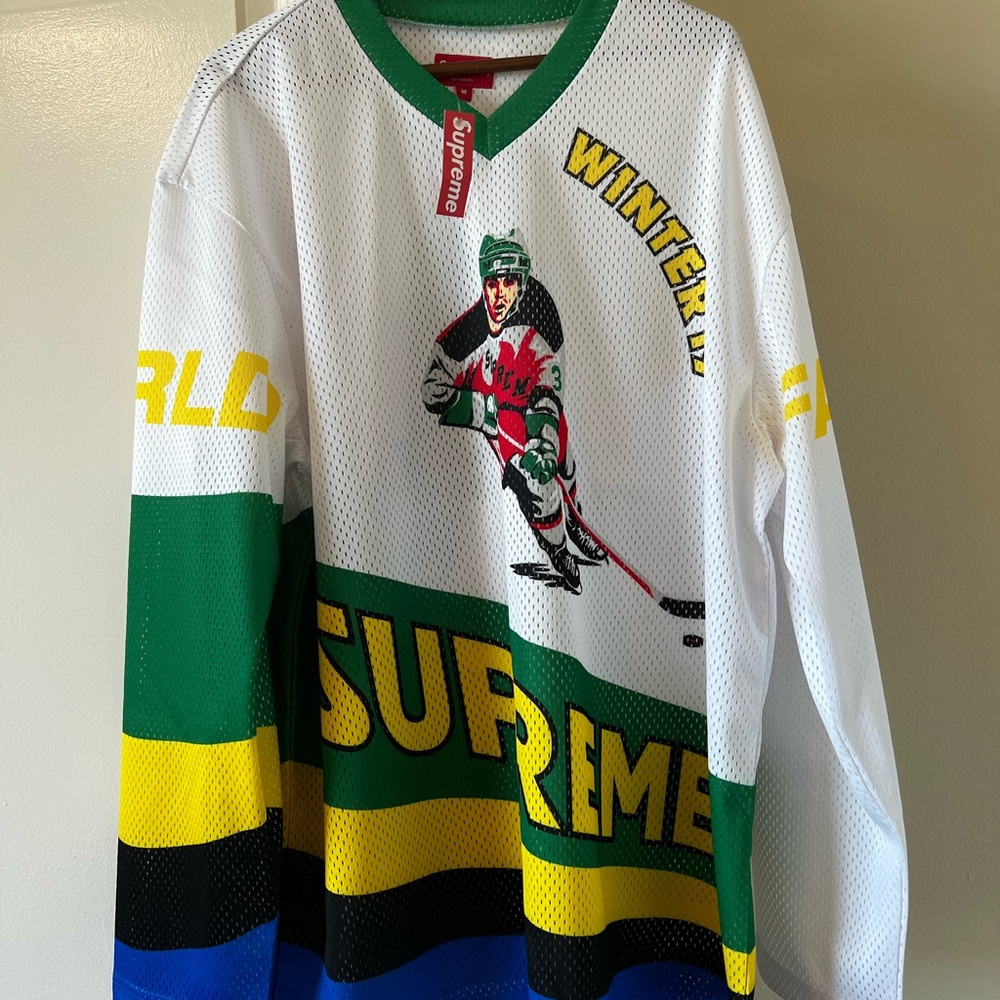 Supreme White and Green Hockey Jersey
